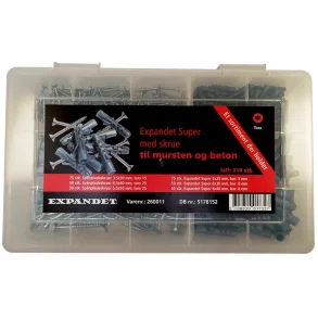 Expandet sortiment m 5/6/8 mm skruer og plugs